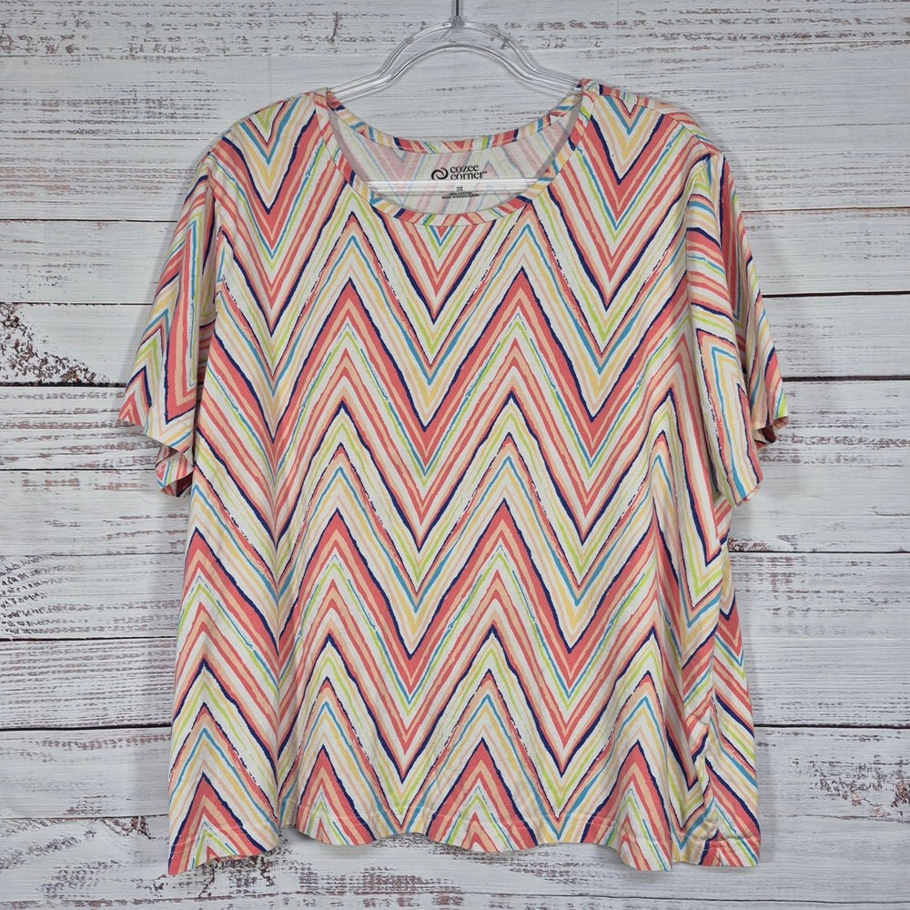Cozee Corner Womens 2X Cotton Chevron Zigzag Short Sleeve T-Shirt Multi-Color